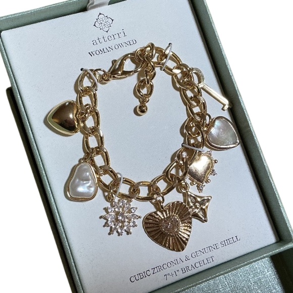 Atterri Bracelet, Bright Gold, 8 Charms, Hearts Star, Cubic Zircon Genuine Shell - Picture 1 of 8